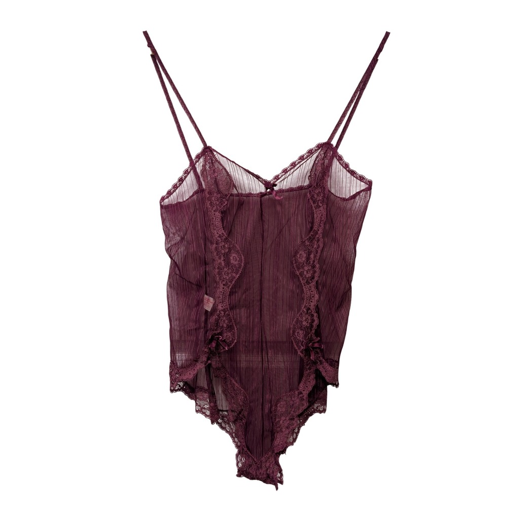 Vintage Blush Sheer Plum Purple Lace Trim Teddy Bodysuit Lingerie Medium